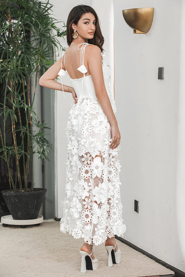 Biała Cienkich Ramiączkach Sukienki Boho Na Wesele z Koronki